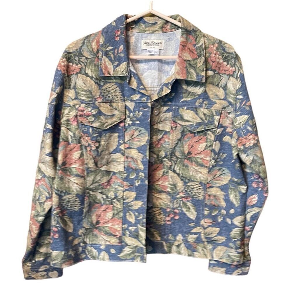 Vintage Norm Thompson size large floral denim jacket.